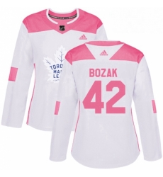 Womens Adidas Toronto Maple Leafs 42 Tyler Bozak Authentic WhitePink Fashion NHL Jersey 