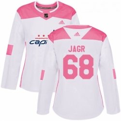 Womens Adidas Washington Capitals 68 Jaromir Jagr Authentic WhitePink Fashion NHL Jersey 