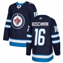 Mens Adidas Winnipeg Jets 16 Laurie Boschman Authentic Navy Blue Home NHL Jersey 