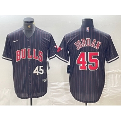 Men Chicago Bulls 45 Michael Jordan Number Black Pinstripe Cool Base Stitched Baseball Jersey