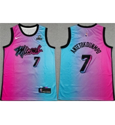 Men Miami Heat 7 Giannis Antetokounmpo Blue Pink City Edition Stitched Basketball Jersey Men Miami Heat 7 Giannis Antetokounmpo Blue Pink City Edition Stitched Basketball Jersey