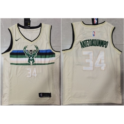 Men Milwaukee Bucks 34 Giannis Antetokounmpo Cream Stitched Jersey