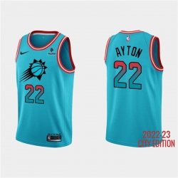 Men Phoenix Suns 22 Deandre Ayton Blue 2022 23 City Edition With Black Payple Patch Stitched Basketball Jersey