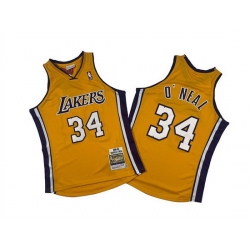 Men Los Angeles Lakers 34 Shaquille O 27Neal Yellow 1999 00 Throwback Basketball Jersey