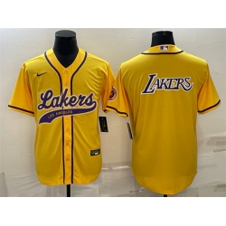 Men Los Angeles Lakers Yellow Big Logo Cool Base Stitched Baseball JerseyS