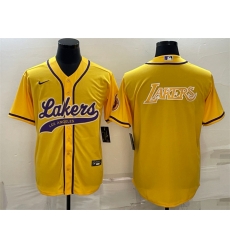 Men Los Angeles Lakers Yellow Big Logo Cool Base Stitched Baseball Jersey