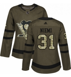 Womens Adidas Pittsburgh Penguins 31 Antti Niemi Authentic Green Salute to Service NHL Jersey 