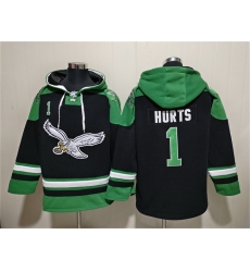 Men Philadelphia Eagles 1 Jalen Hurts Black Ageless Must Have Lace Up Pullover Hoodie Men Philadelphia Eagles 1 Jalen Hurts Black Ageless Must Have Lace Up Pullover Hoodie