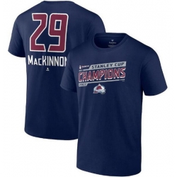 Men Colorado Avalanche 29 Nathan MacKinnon Navy 2022 Stanley Cup Champions Banner Name  26 Number T Shirt