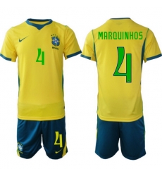 Youth Brazil 2026 FIFA World Cup Yellow Home Soccer Jersey MARQUINHOS #4 Green Youth Brazil 2026 FIFA World Cup Yellow Home Soccer Jersey MARQUINHOS #4 Green