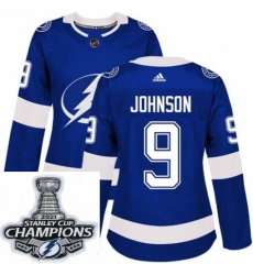 Women Adidas Tampa Bay Lightning 9 Tyler Johnson Premier Royal Blue Home NHL Stitched 2021 Stanley Cup Champions Patch Jersey