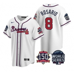 Men Atlanta Braves 8 Eddie Rosario 2021 White World Series With 150th Anniversary Patch Cool Base Stitched Jersey