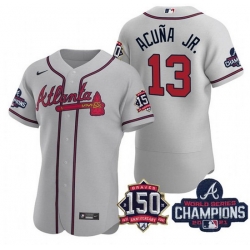 Men's Grey Atlanta Braves #13 Ronald Acuna Jr. 2021 World Series Champions With 150th Anniversary Flex Base Stitched Jersey