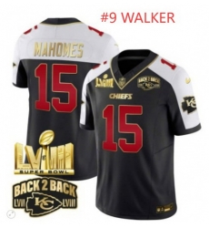Men Kansas City Chiefs Walker #9 Super Bowl LVIII Back 2 Back Gold Patch Jersey