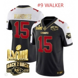 Men Kansas City Chiefs Walker #9 Super Bowl LVIII Back 2 Back Gold Patch Jersey