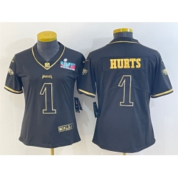 Women Philadelphia Eagles 1 Jalen Hurts Black Golden Edition Super Bowl LVII Patch Stitched Football Jersey