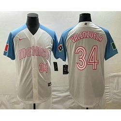 Men's Mexico Baseball #34 Fernando Valenzuela Number 2023 White Blue World Classic Stitched Jersey1