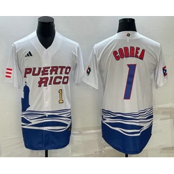 Men's Puerto Rico Baseball #1 Carlos Correa Number White 2023 World Baseball Classic Stitched Jerseys