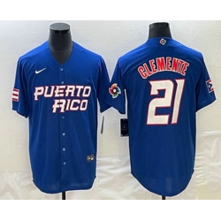 Men's Puerto Rico Baseball #21 Roberto Clemente 2023 Blue World Classic Stitched Jerseys