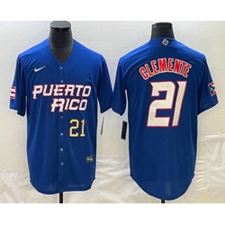 Mens Puerto Rico Baseball #21 Roberto Clemente Number 2023 Blue World Classic Stitched Jersey