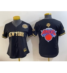 Women New York Knicks Team Big Logo Black Gold 2026 Finals   Eastern Conference Champions Patch Stitched Baseball Jersey