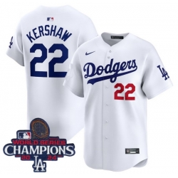 Men Nike Los Angeles Dodgers Clayton Kershaw #22 White Flex Base 2024 World Series Champions Stitched MLB Jersey