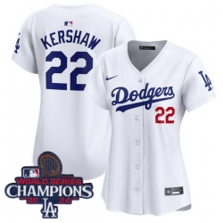 Women Nike Los Angeles Dodgers Clayton Kershaw #22 White Flex Base 2024 World Series Champions Stitched MLB Jersey