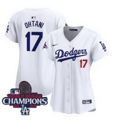 Women Nike Los Angeles Dodgers Shohei Ohtani #17 White Flex Base 2024 World Series Champions Stitched MLB Jersey