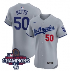 Youth Nike Los Angeles Dodgers Mookie Betts #50 Gray Flex Base 2024 World Series Champions Stitched MLB Jersey