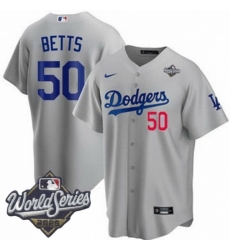 Men Los Angeles Dodgers 50 Mookie Betts 2025 World Series Cool Base Stitched Baseball Jersey Gray