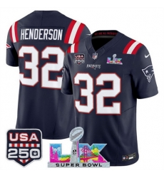 Men New England Patriots 32 TreVeyon Henderson Navy 2025 F U S E  Super Bowl LX Patch And USA 250 27 Patch Vapor Limited Football Stitched Jersey