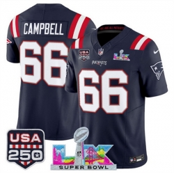 Men New England Patriots 66 Will Campbell Navy 2025 F U S E  Super Bowl LX Patch And USA 250 27 Patch Vapor Limited Football Stitched Jersey