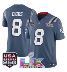 Men New England Patriots 8 Stefon Diggs Storm Blue 2025 F U S E  Super Bowl LX  USA 250 Patch  Rivalries Vapor Limited Football Stitched Jersey