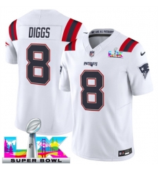 Men New England Patriots 8 Stefon Diggs White 2025 F U S E Super Bowl LX Patch Vapor Limited Stitched Football Jersey Men New England Patriots 8 Stefon Diggs White 2025 F U S E Super Bowl LX Patch Vapor Limited Stitched Football Jersey