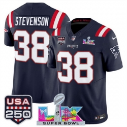 Youth New England Patriots 38 Rhamondre Stevenson Navy 2025 F U S E  Super Bowl LX Patch And USA 250 27 Patch Vapor Limited Stitched Football Jersey