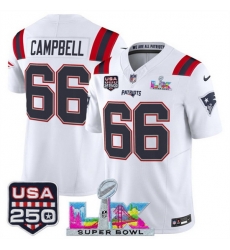 Youth New England Patriots 66 Will Campbell White 2025 F U S E  Super Bowl LX Patch And USA 250 27 Patch Vapor Limited Stitched Football Jersey