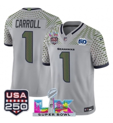 Men Seattle Seahawks 1 Pete Carroll Gray 2025 F U S E Super Bowl LX  US 250th anniversary Patch And 50th Season Patch Rivalries Vapor Limited Football Stit