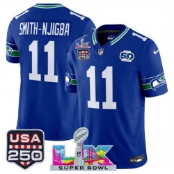 Men Seattle Seahawks 11 Jaxon Smith Njigba Royal 2025 F U S E  Super Bowl LX Patch And 50th Season  USA 250 Patch Vapor Throwback Limited Stitched Football
