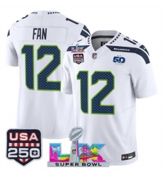 Men Seattle Seahawks 12 Fan White 2025 F U S E  Super Bowl LX Patch And 50th Season  USA 250 Patch Vapor Limited Football Stitched Jersey