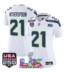 Women Seattle Seahawks 21 Devon Witherspoon White 2025 F U S E  Super Bowl LX Patch And 50th Season  26 USA 250 27 Patch Vapor Limited Football Stitched Je