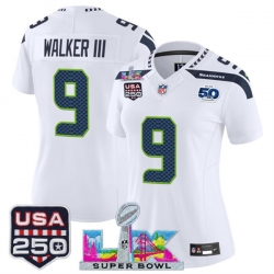 Women Seattle Seahawks 9 Kenneth Walker III White 2025 F U S E  Super Bowl LX Patch And 50th Season  26 USA 250 27 Patch Vapor Limited Football Stitched Je