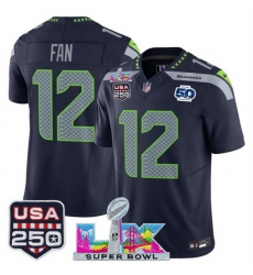 Youth Seattle Seahawks 12 Fan Navy 2025 F U S E  Super Bowl LX Patch And 50th Season Patch Vapor Limited Stitched Football Jersey