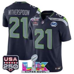 Youth Seattle Seahawks 21 Devon Witherspoon Navy 2025 F U S E  Super Bowl LX Patch And 50th Season  USA 250 Patch Vapor Limited Stitched Football Jersey